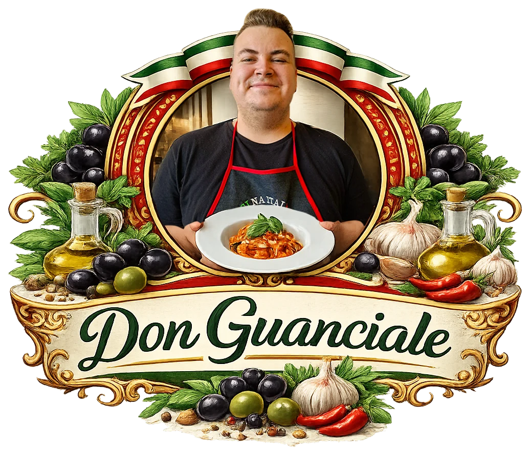 Logo Don Guanciale z twórcą marki i włoskim daniem